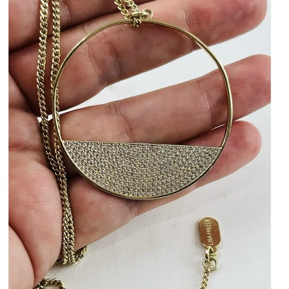 Lisa Freede Gold Micro Pave Eclipse Long Necklace Pendant Disc Celebrity Jewelry